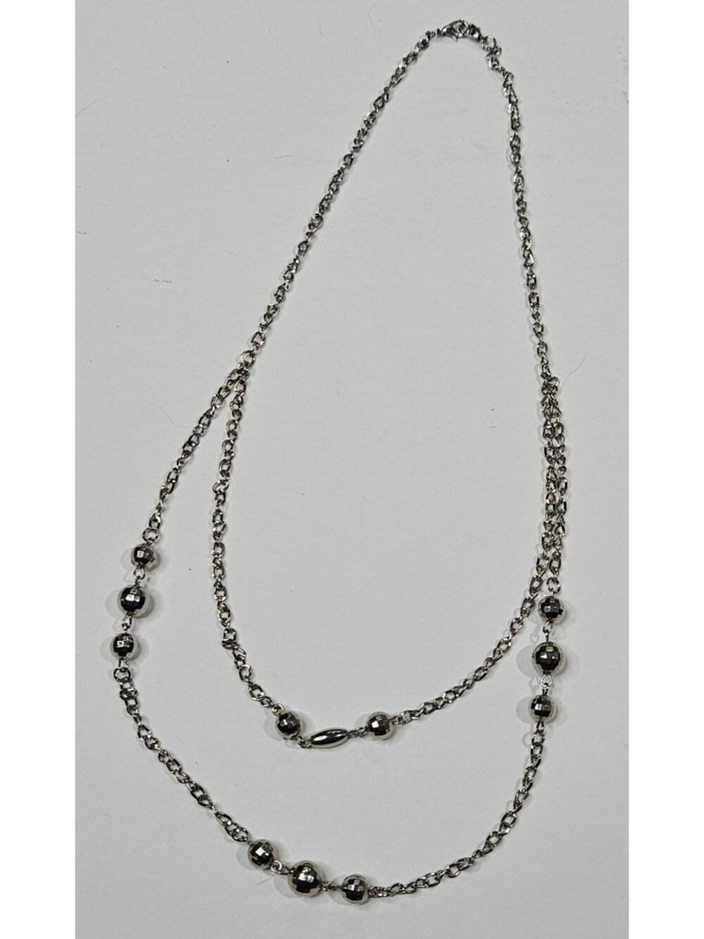 2 Strand Silvertone Chain Necklace Faceted Bead Stations 23 inches 27 inches